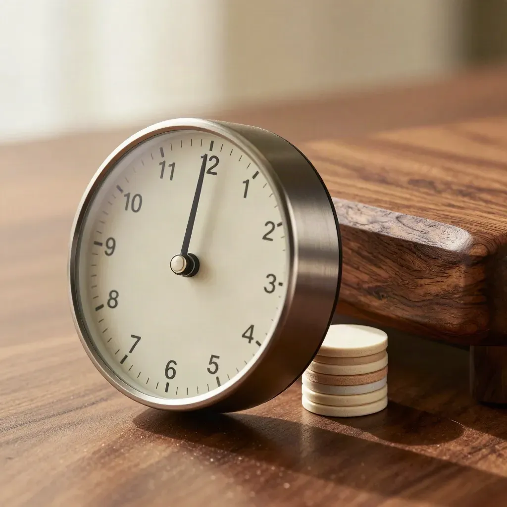 Närbild av timer, agenda-brickor och trästen på varm valnöt i ett mötesrum.