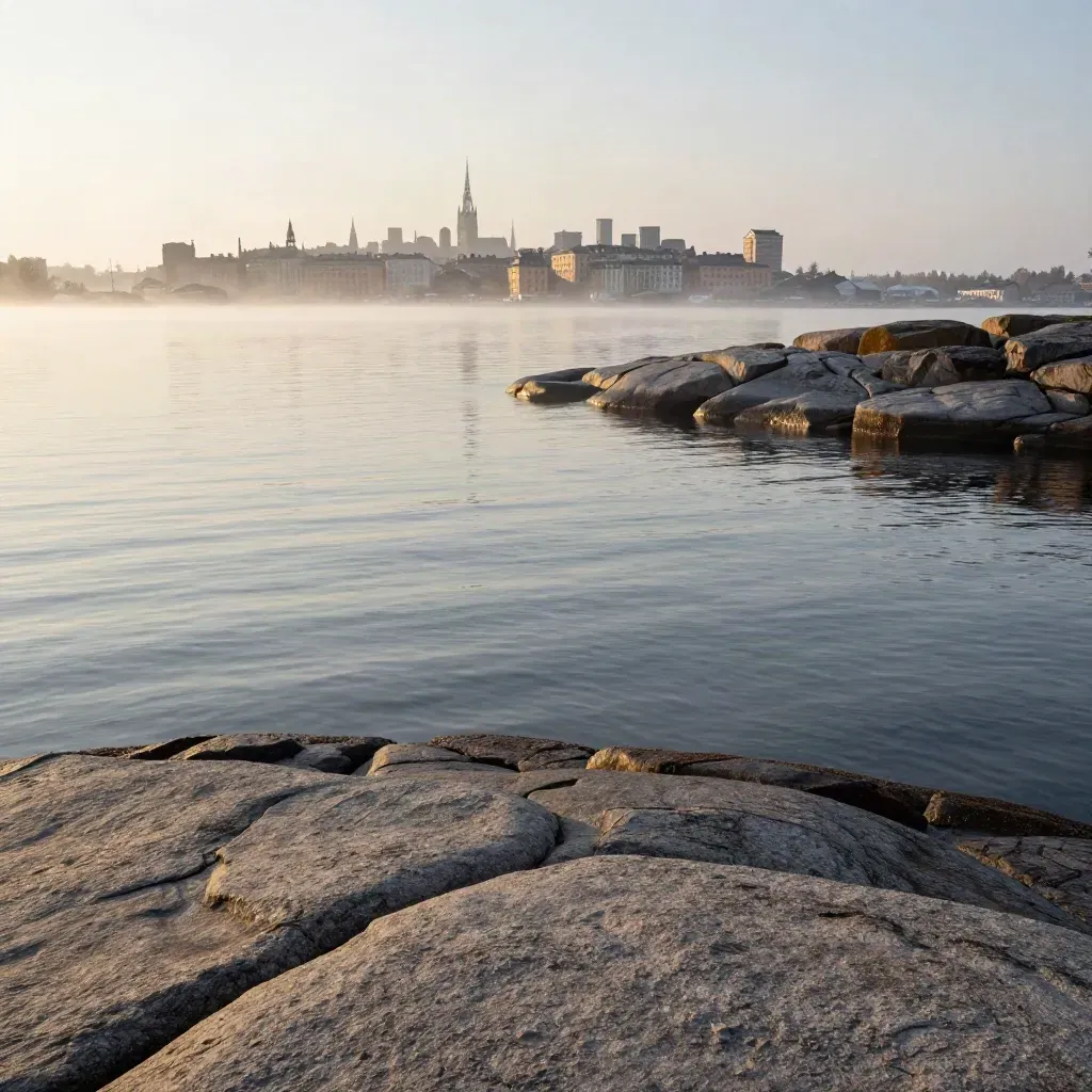 Stockholms skärgård i gryning med granit, lugnt vatten och dimmig skyline.
